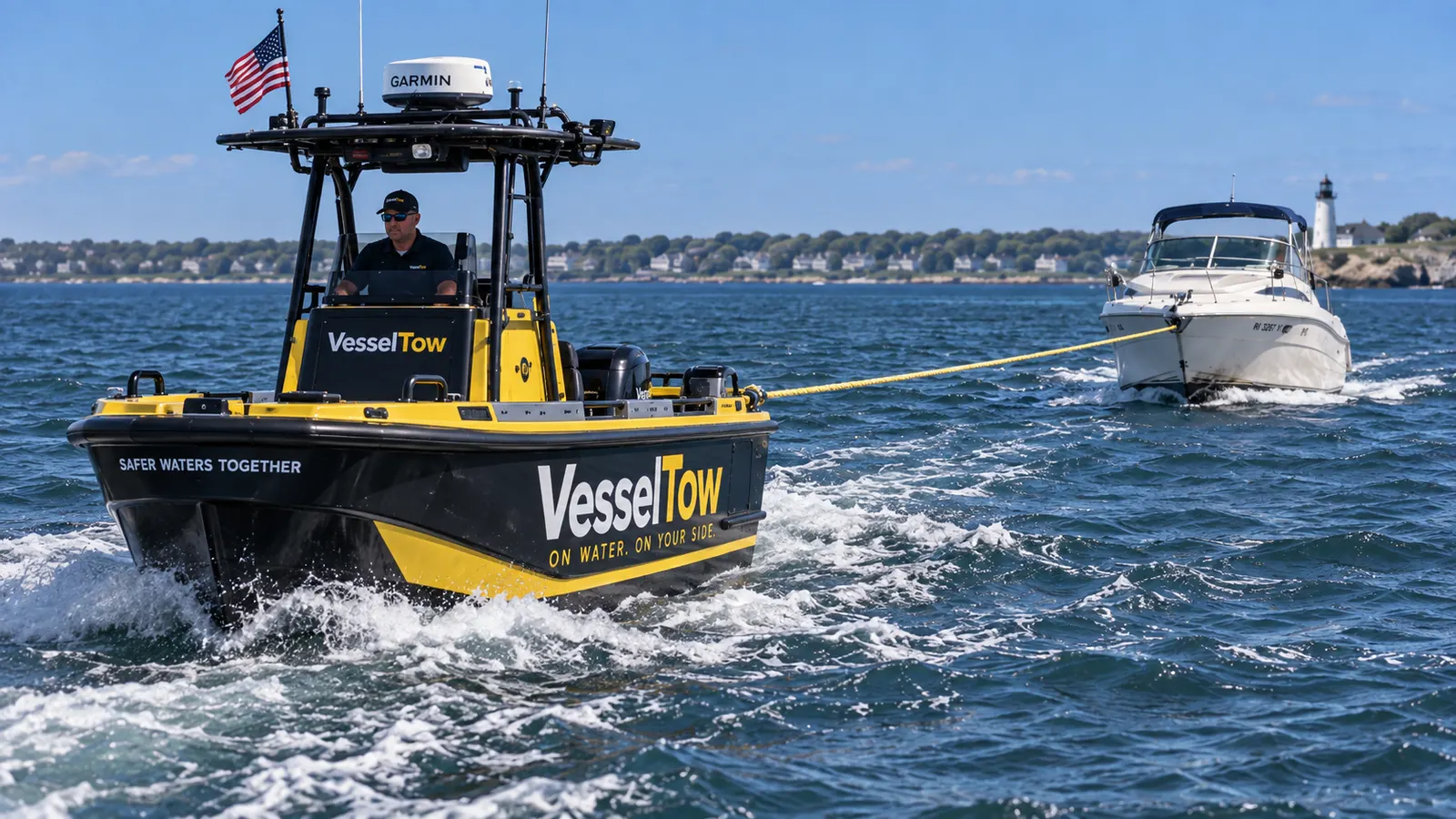 A disabled cabin cruiser being towed back to harbor by a tow boat