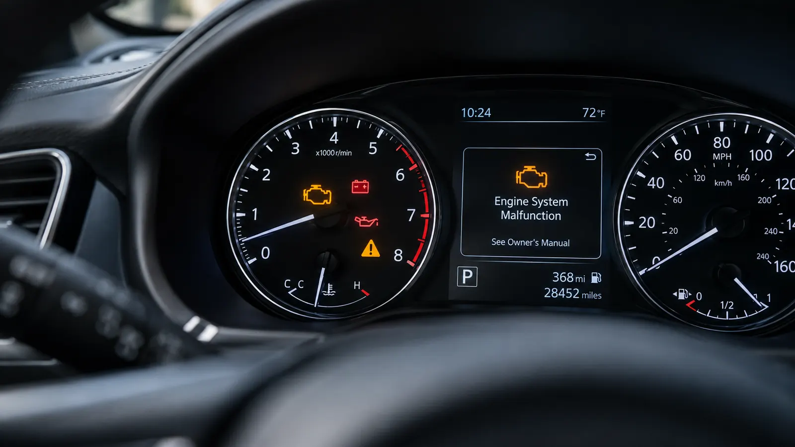 Dashboard showing a check-engine light and an Engine System Malfunction warning