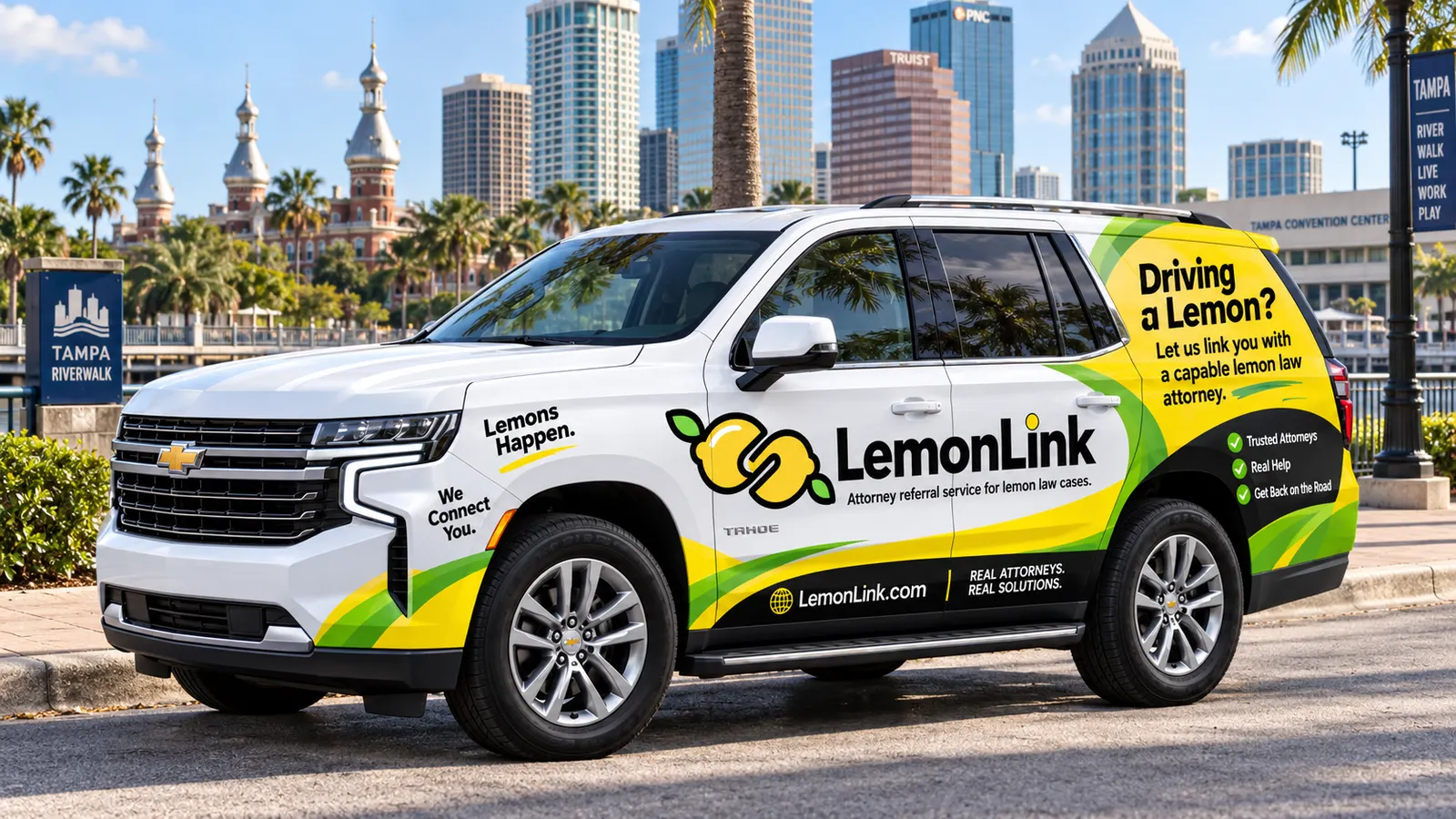 LemonLink branded SUV on the Tampa Riverwalk