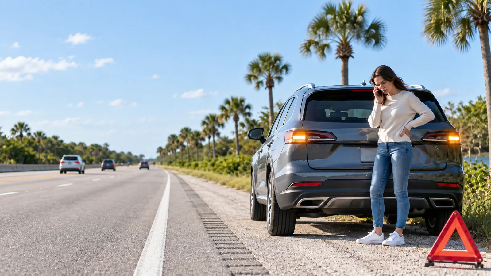 A driver on the phone beside her disabled SUV on a Florida highway shoulder