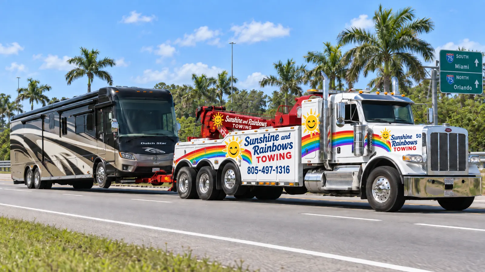 A large Class A motor home being towed on a Florida interstate